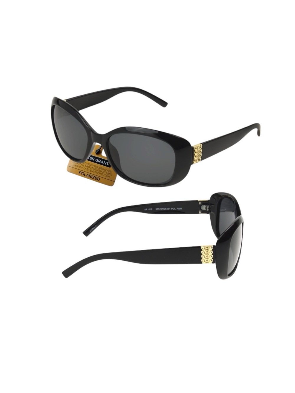 Foster Grant Black Polarized Oval Sunglasses with Gold Temple Detail